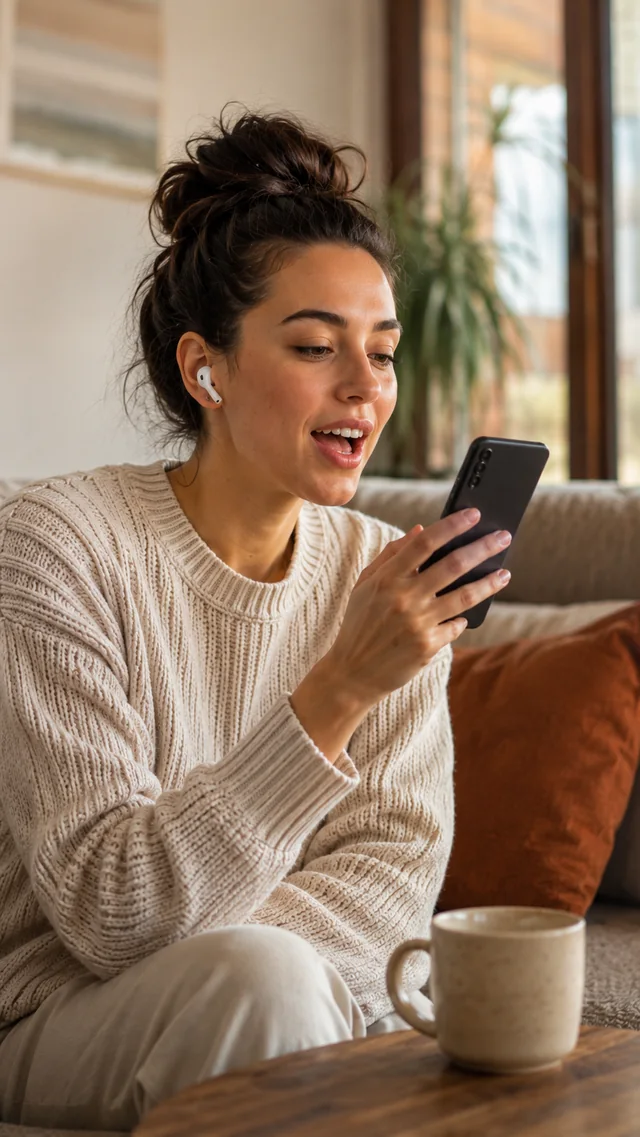 Kulaklıklı bir kadın koltukta telefonuna doğru sesli okuyor